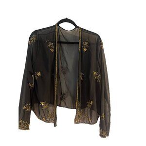 Vintage Gold Beaded Sheer Mesh Long Sleeve Open Front Jacket Blazer Black Sz M/L
